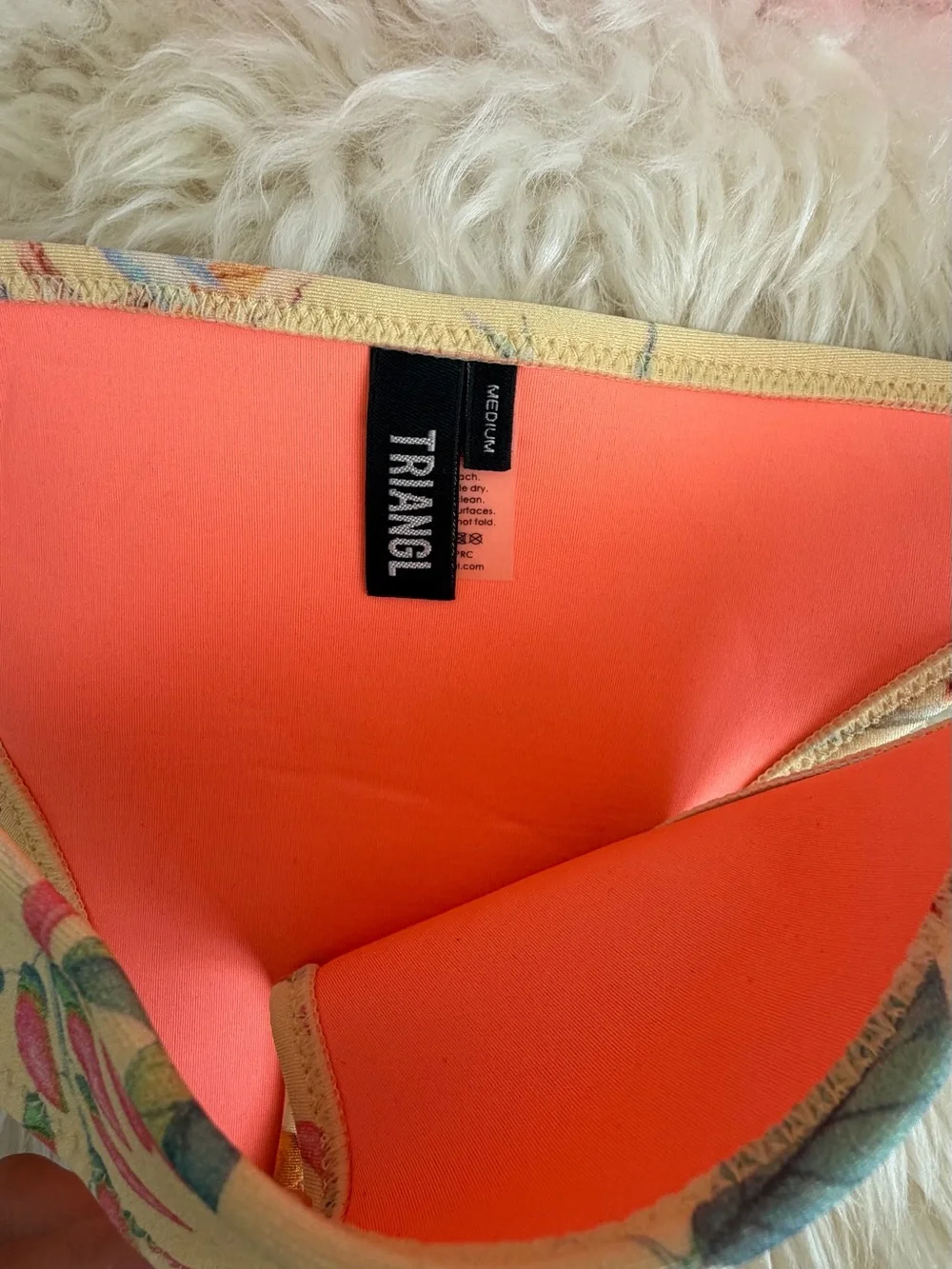 triangl swimwear Neon Coral Triangle Bikini Top with Floral Cream Bottoms